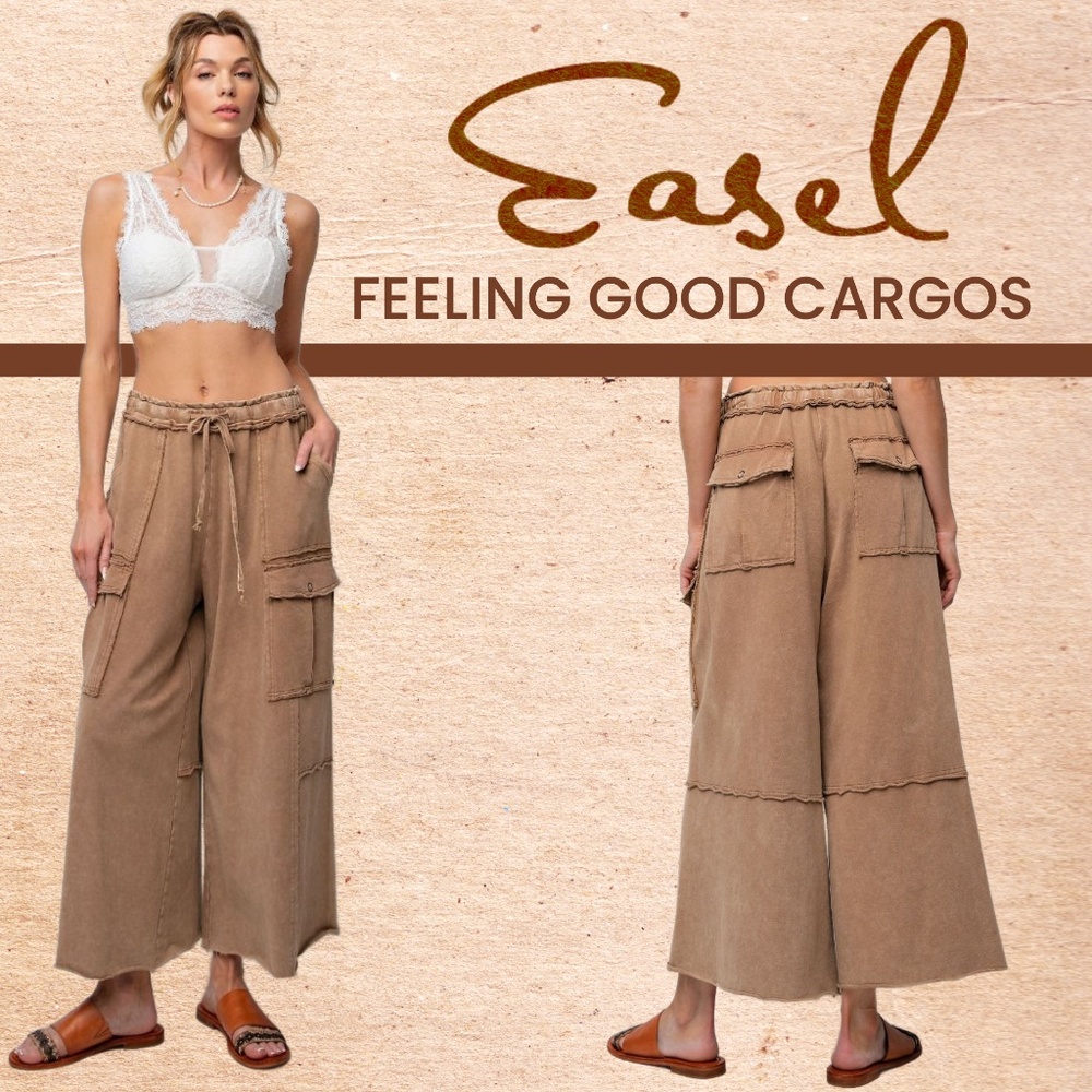 EASEL “Feeling Good Cargos” Mineral Washed Flared Leg, Raw Seams & Hems, Pockets